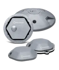 Four grey Fleximodo IoT parking sensor models together: in-ground, surface adaptor and two Mini units