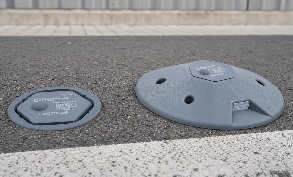 Fleximodo's in-ground parking sensor and on-surface parking sensor shown on the road