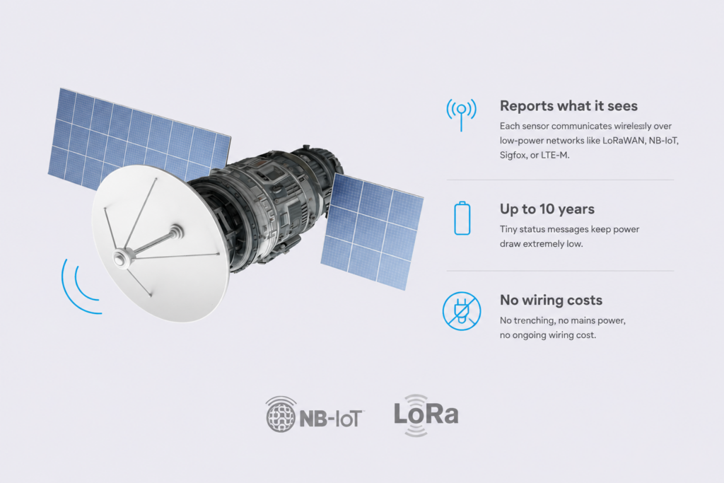 Fleximodo parking sensors communicating via LoRaWAN, NB-IoT, Sigfox, or LTE-M